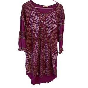 Paul Ropp Tunic Top Women One Size Purple‎ Gold Metallic Geometric Boho Stretchy
